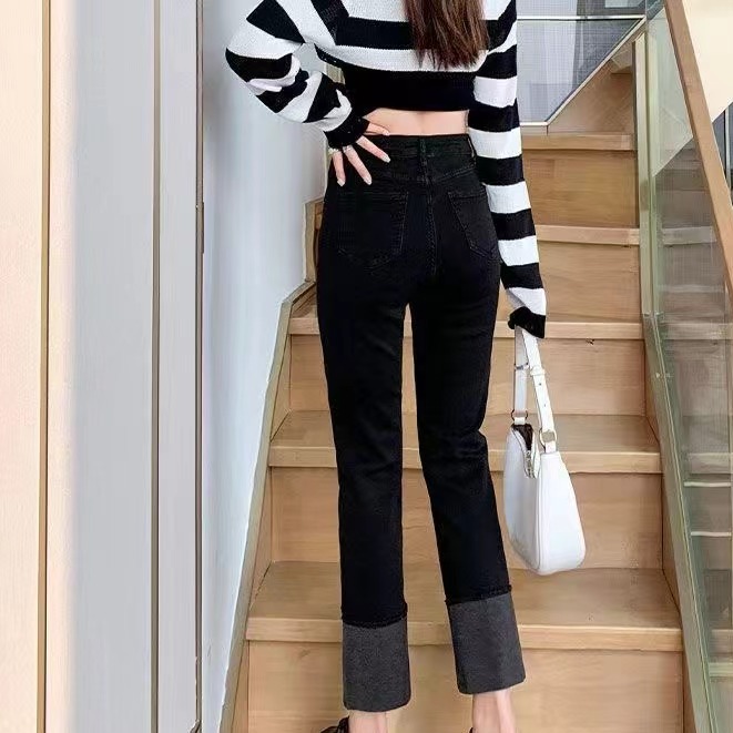 高腰直筒拼接牛仔裤