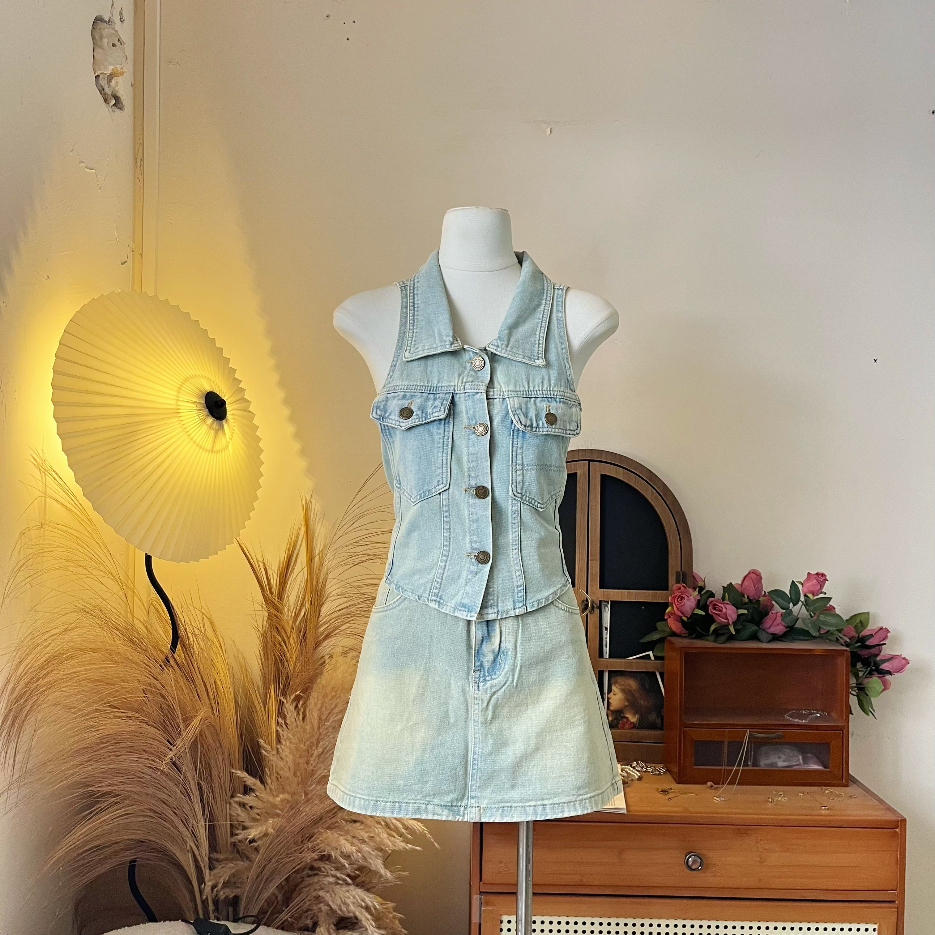 LHTE青青大码女装 夏装新款牛仔时尚气质纯欲风两件套装T7812