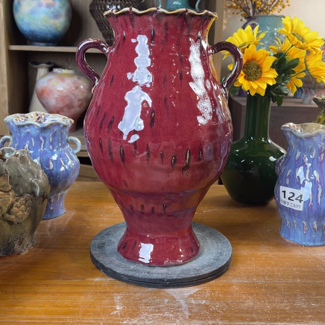 摆件陶瓷花瓶高31.5口径10盘泥微瑕