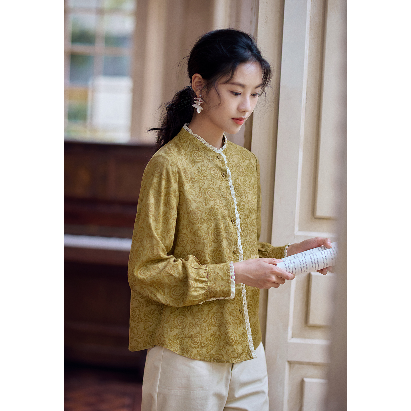 红念黄色天丝亚麻印花衬衫女长袖宽松秋装2025年新款女装春秋上衣