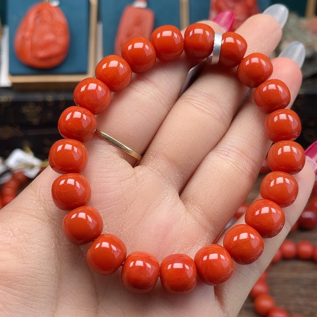 南红玛瑙未镶嵌手串精品 瓦西满肉柿子红老型卡10mm+