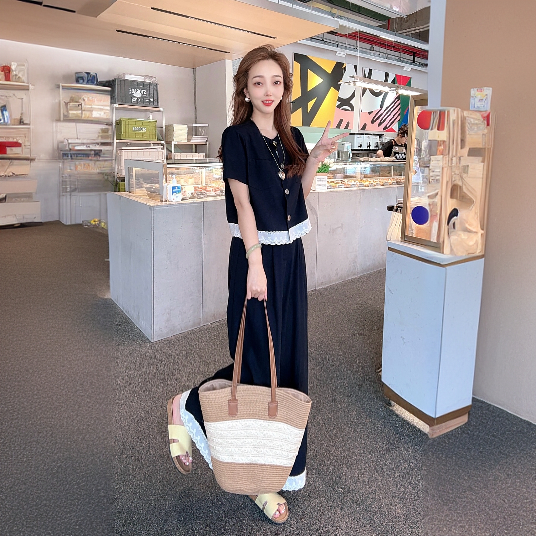 【天丝亚麻】休闲百搭蕾丝边短袖拼接花边高腰阔腿裤两件套套装6626