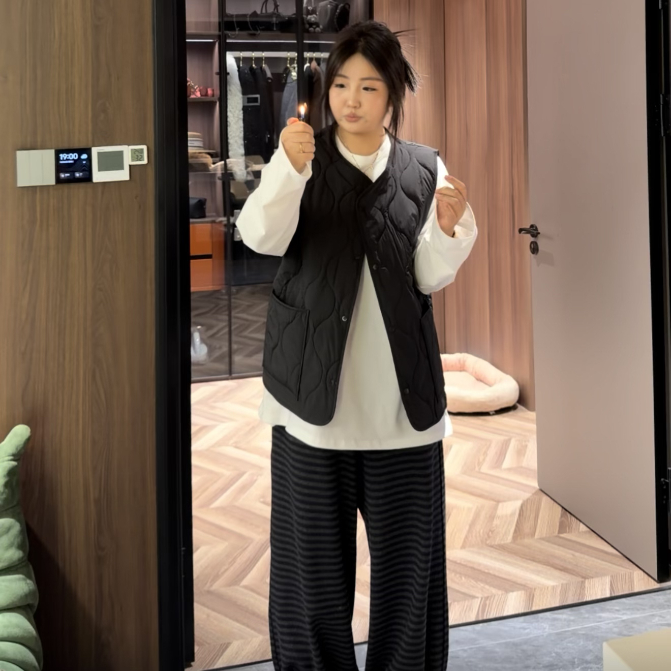 二狗服饰【小韩马甲】葫芦纹菱格无袖纯色休闲棉马甲