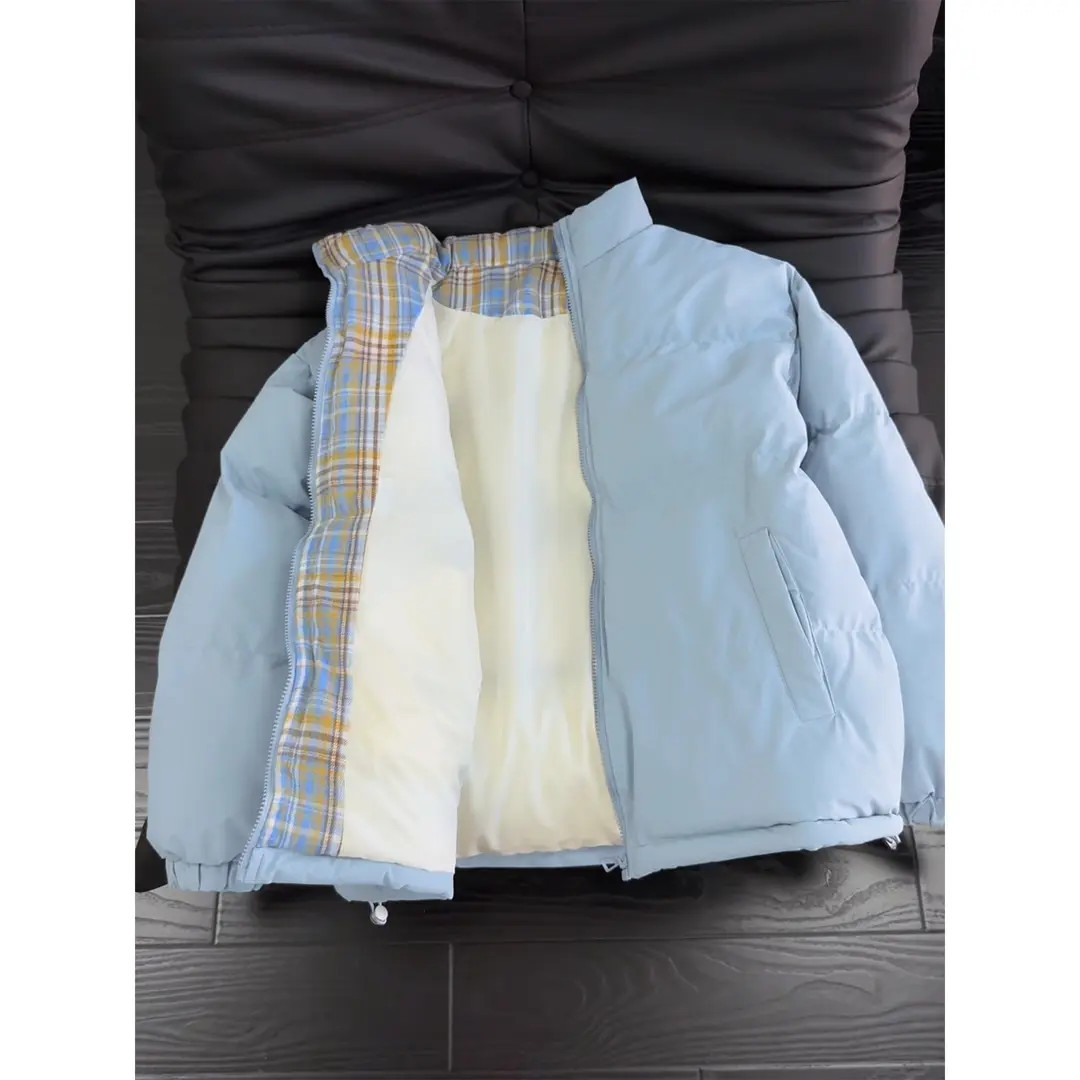 蓝色格子拼接棉服男冬季加厚保暖立领面包服cleanfit情侣棉衣外套