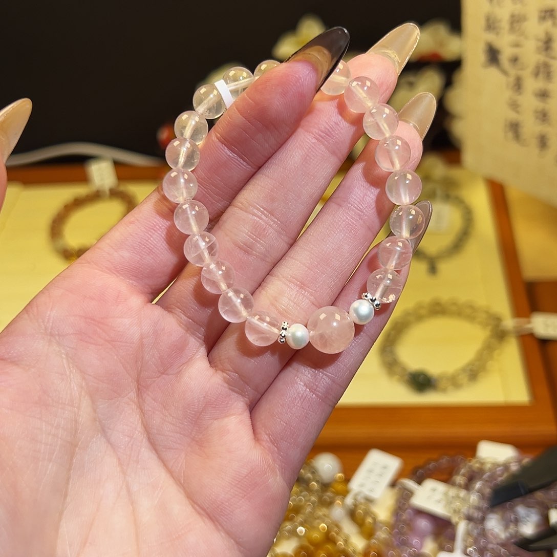 水晶手链银S925镶嵌粉8008