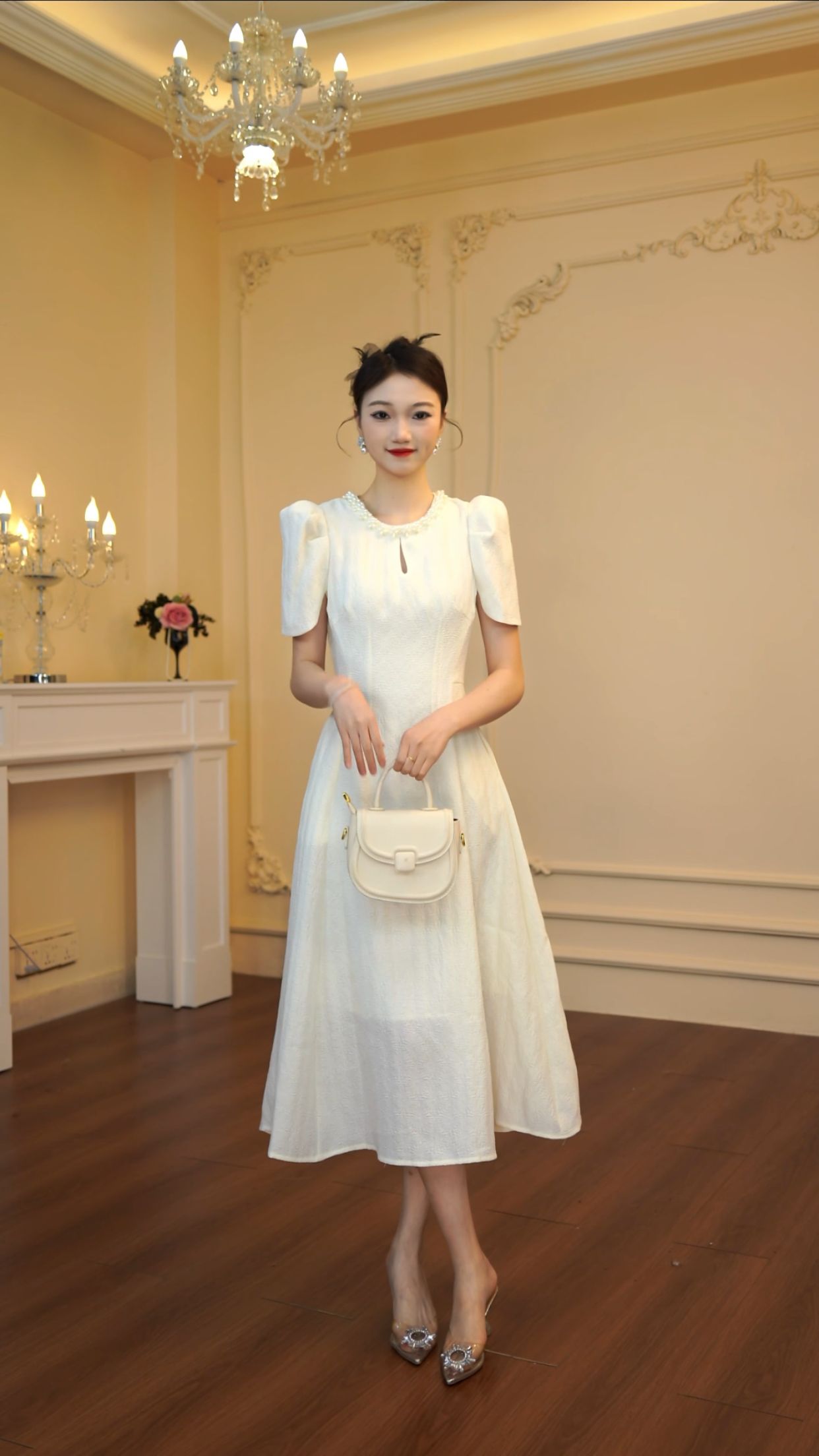 2025年夏季轻奢设计师时尚气质泡泡袖连衣裙裙子45178