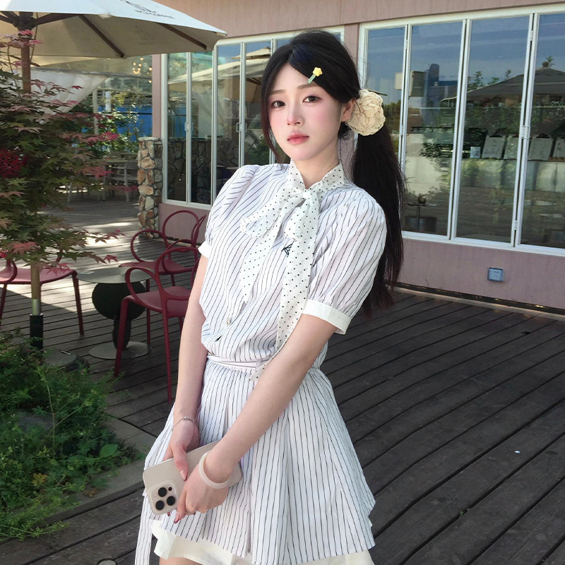 【现货+运补】学院风条纹衬衫miu系收腰小个子短裙2938