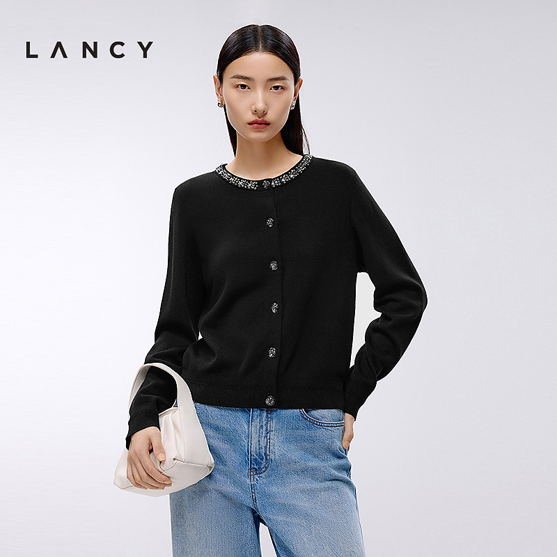 LANCY/朗姿2025年春季新款法式气质钉珠针织开衫圆领商场同款新品