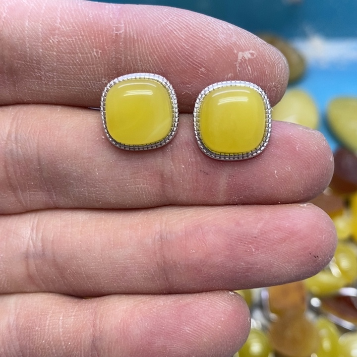 蜜蜡裸石银S925镶嵌耳钉