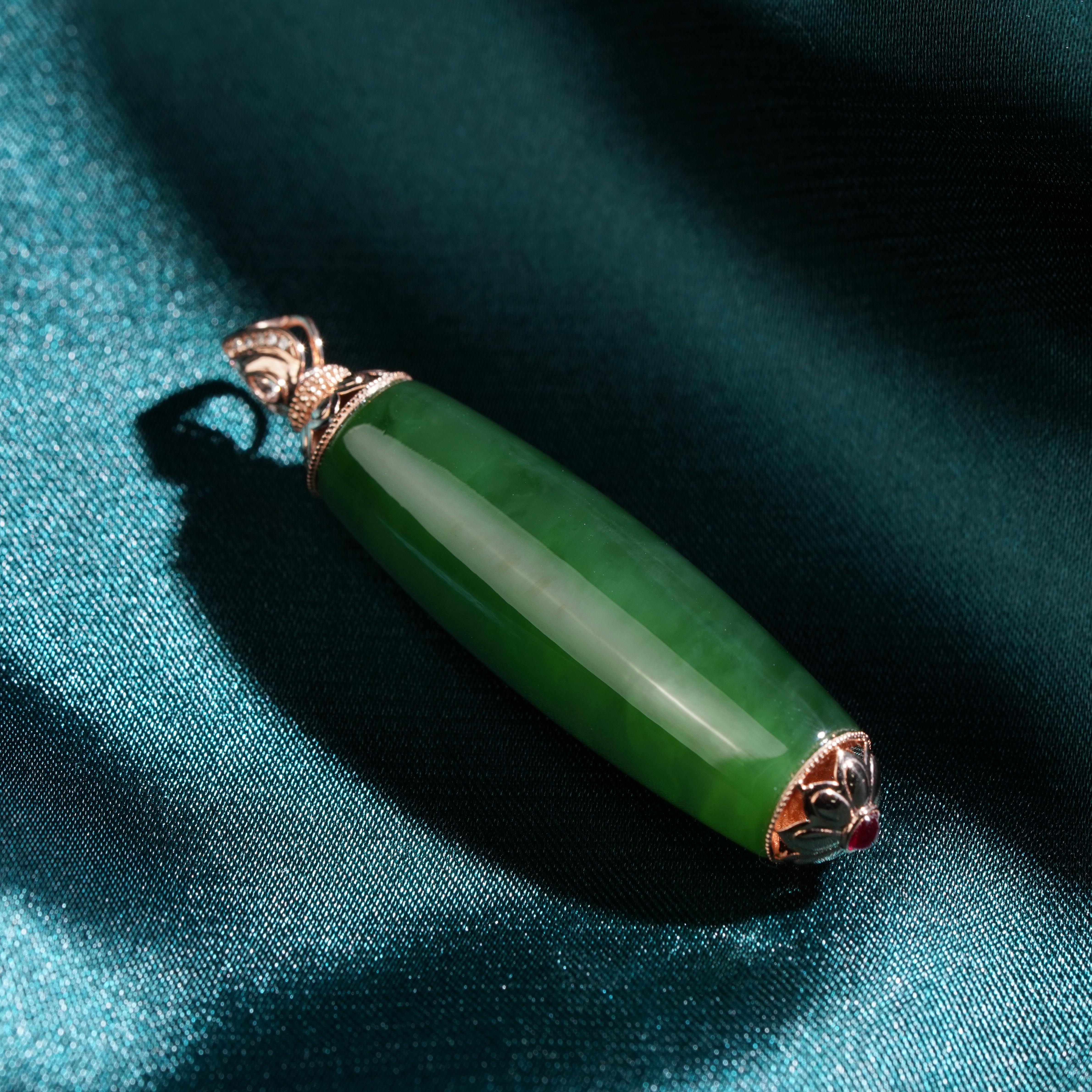 【鹿鸣】定疆 | 18k金和田玉桶珠吊坠35*12mm 赠绳 D45 