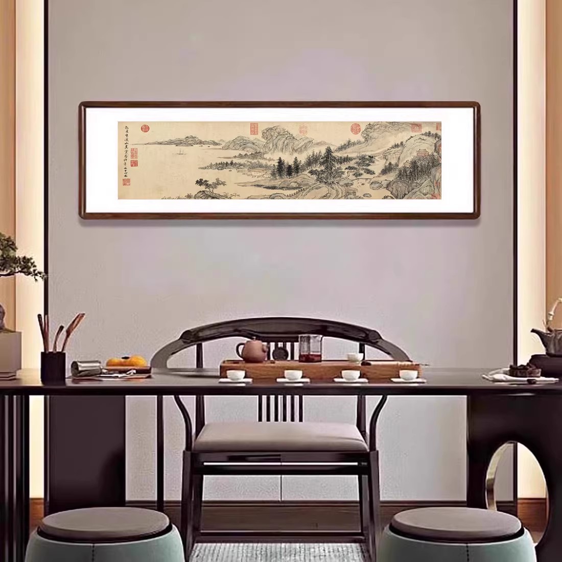 溪山真赏图国画水墨山水壁画新中式客厅装饰画茶室沙发背景墙挂画