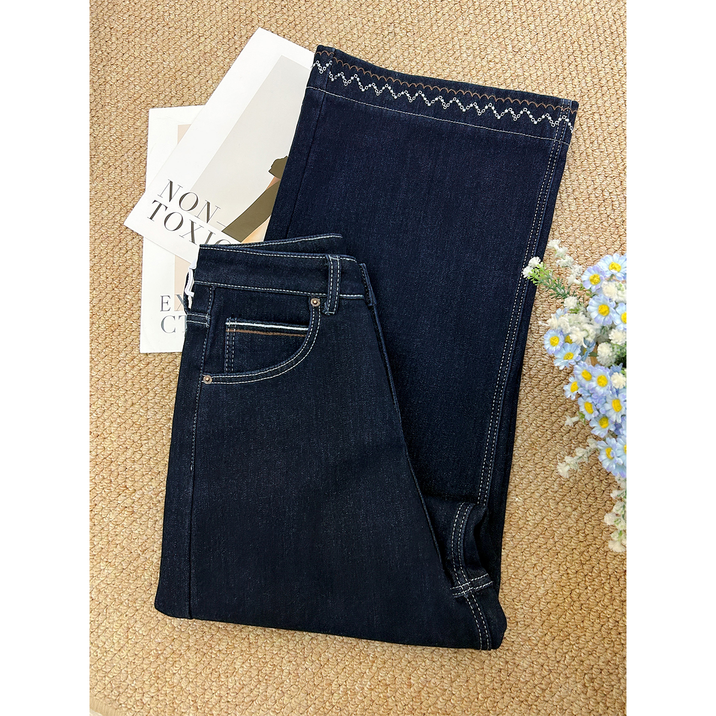 腿粗必入~秋冬加绒显瘦刺绣弹力软牛仔裤女小个子九分直筒裤