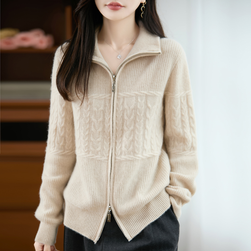 法式高端100羊毛针织开衫女2025新款拉链翻领绞花毛衣外套上衣