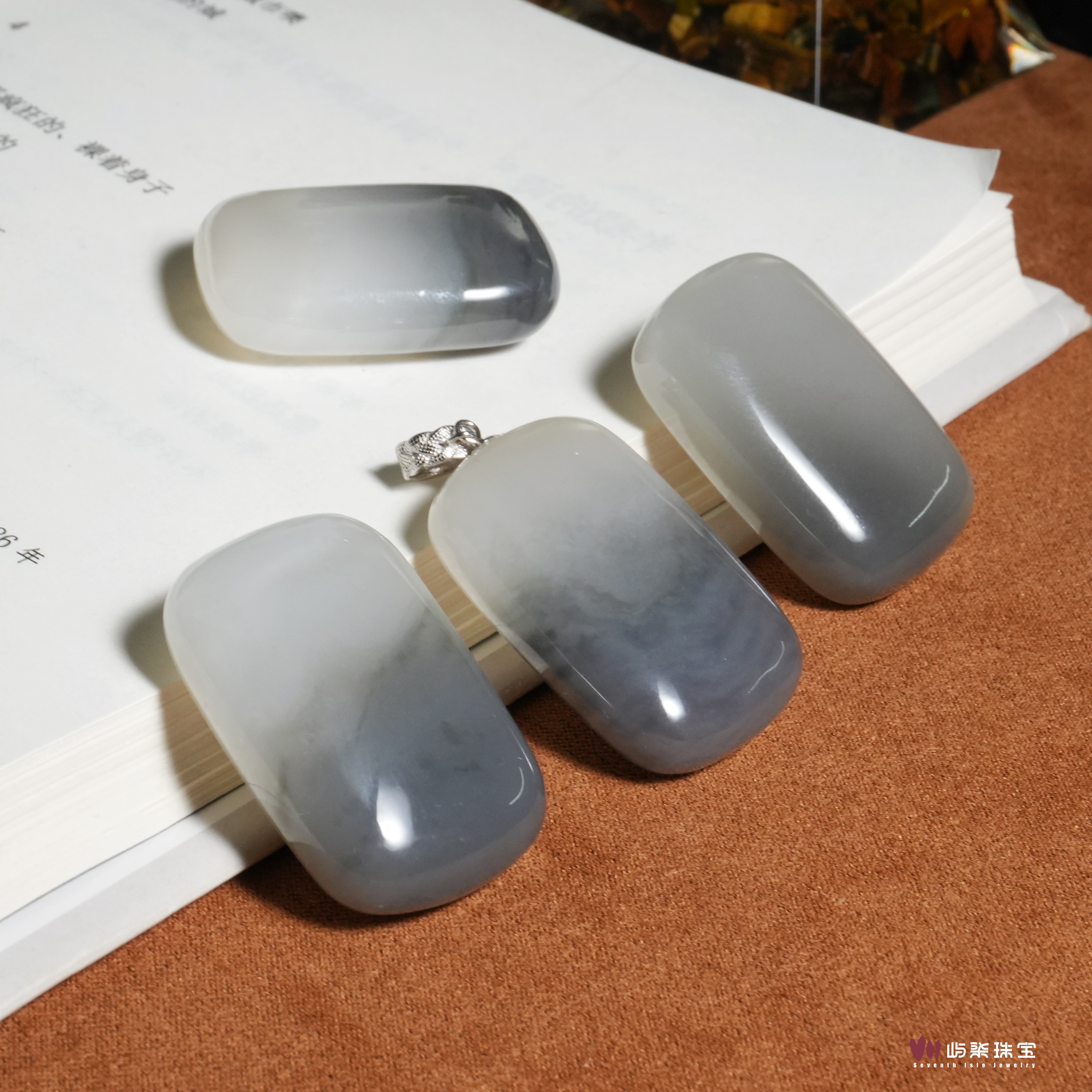 C1478 和田玉银S925镶嵌 烟紫无事牌吊坠多样性发一33x21x11