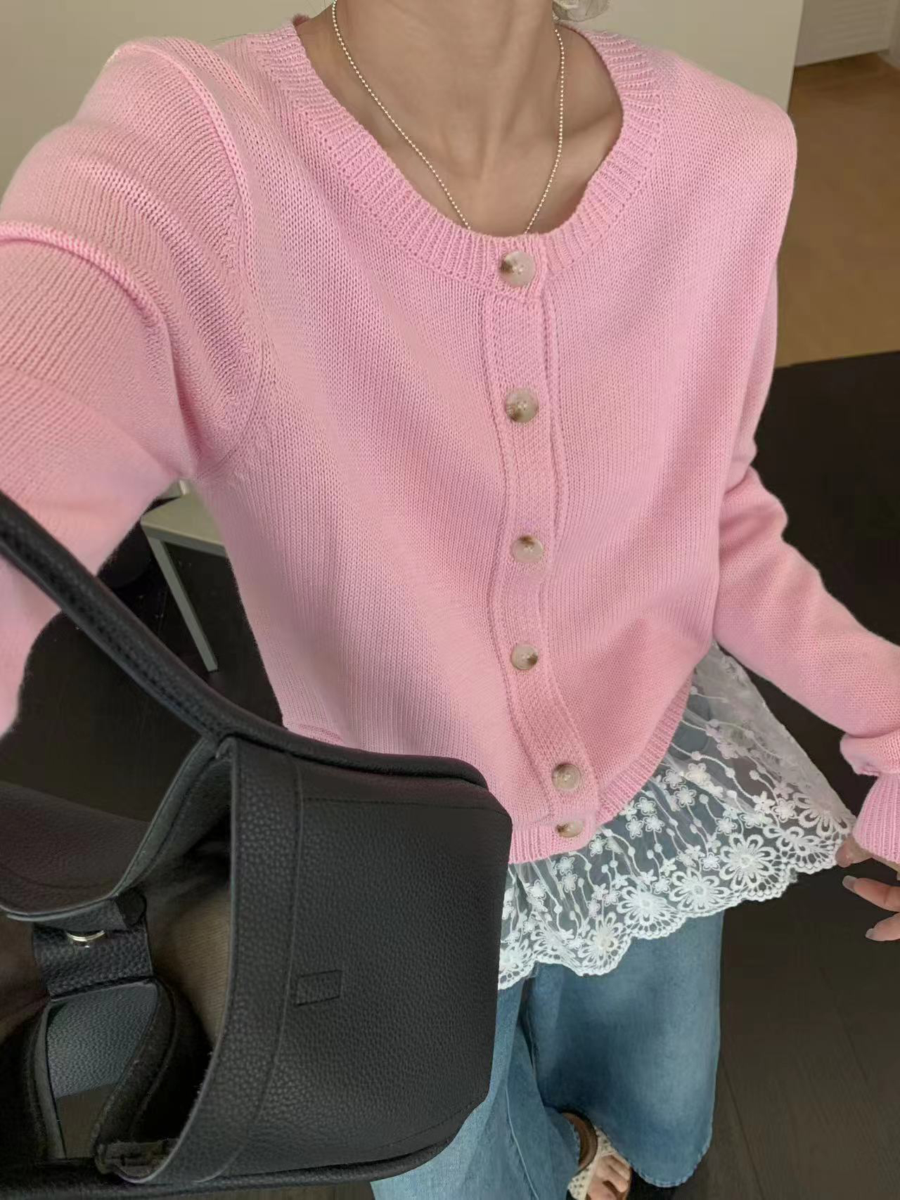 蕊蕊家春款纱边两件套开衫毛衣