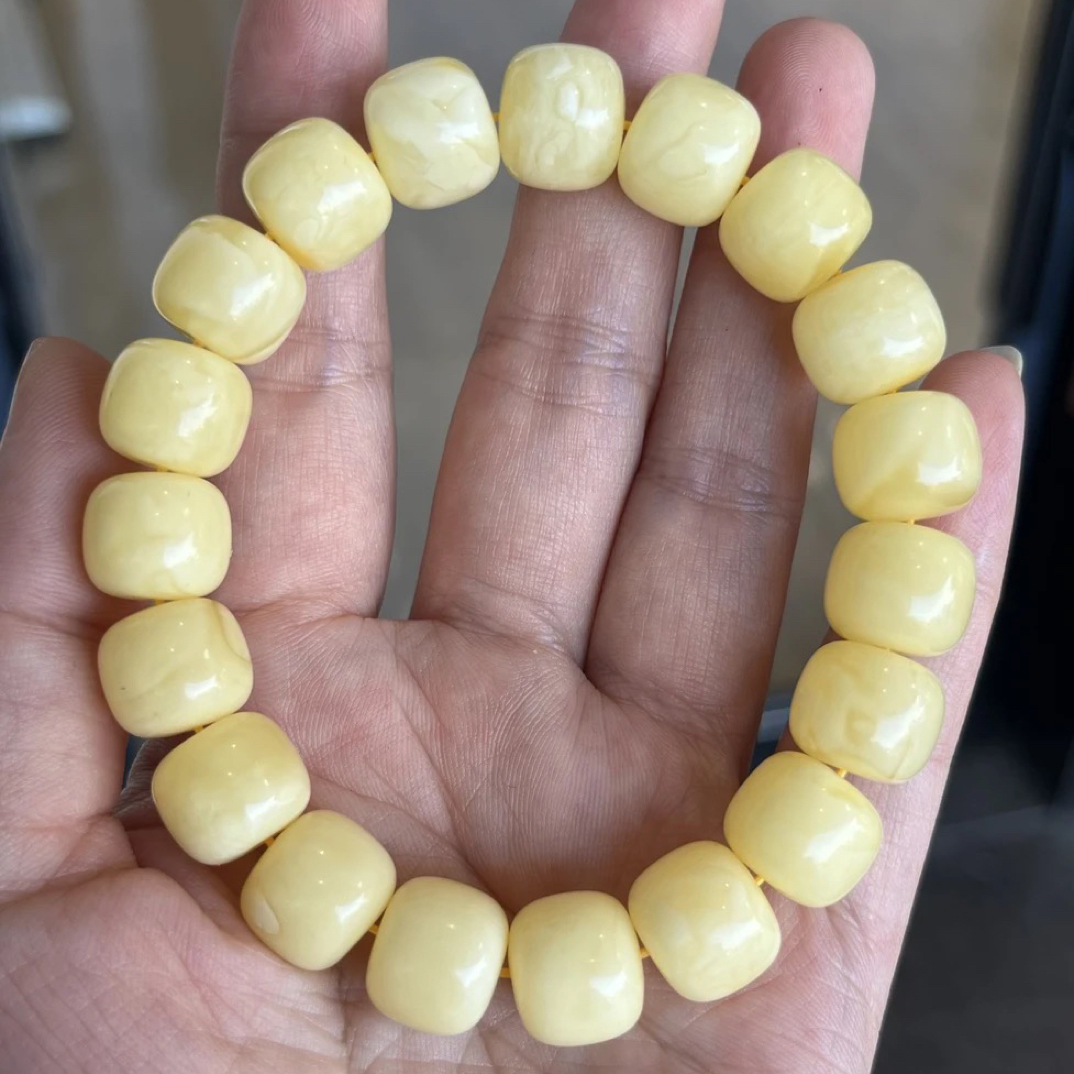 琥珀奶白浓蜡精工老型手串，12.5m，22.36g，天然原矿保真