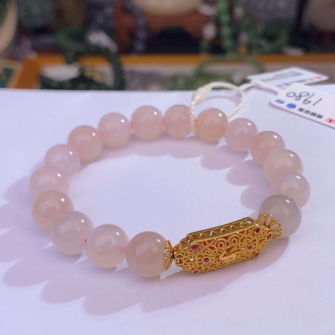 和田玉藕粉金镶福利手串10MM未镶嵌