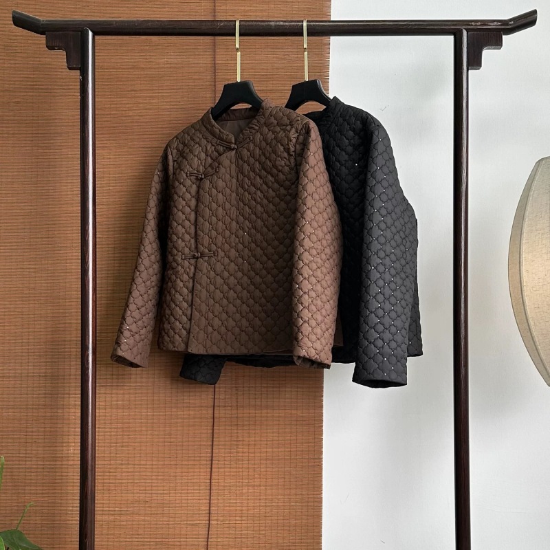 【1636】菱形格新中式秋冬款女装新款冬季加厚棉服外套