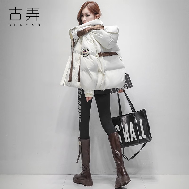 古弄潮牌原创设计感白鸭绒羽绒服女短款小个子韩版宽松拼接面包服
