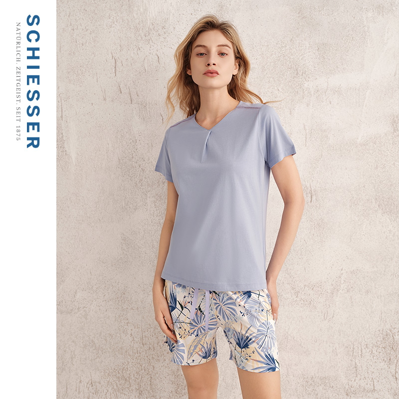 SCHIESSER舒雅25年春夏新品女士棉莫代尔印花圆领睡衣家居服套装