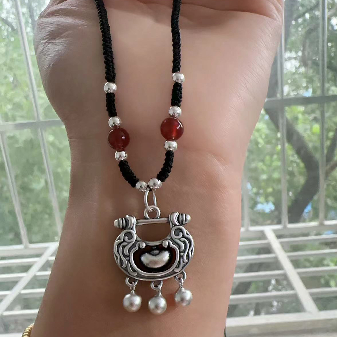 吊坠足银 足银999时尚复古做旧元宝铃铛锁吊坠项链