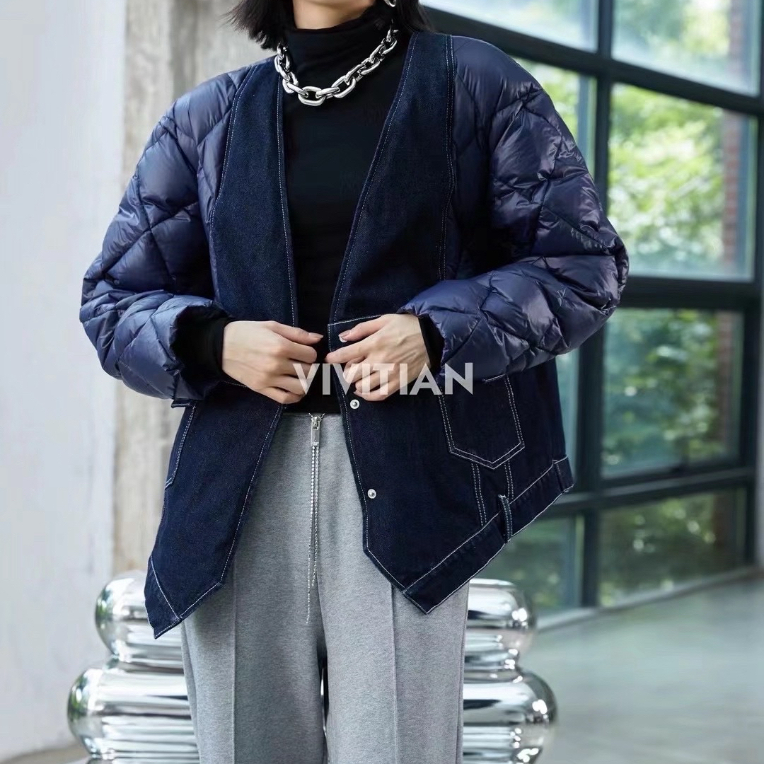 设计师款拼牛仔羽绒服外套