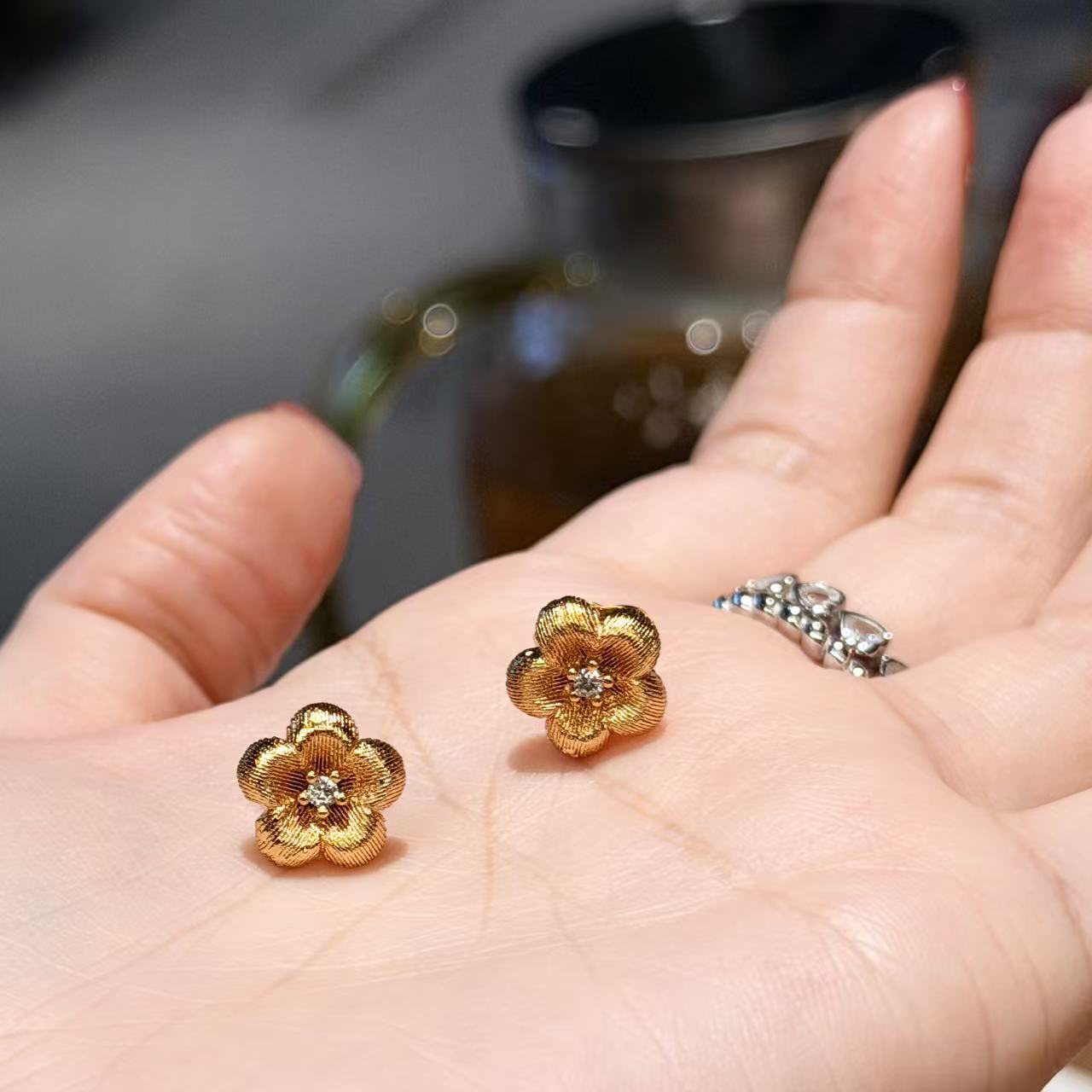 铜合金锆石耳饰 复古小花合金耳钉