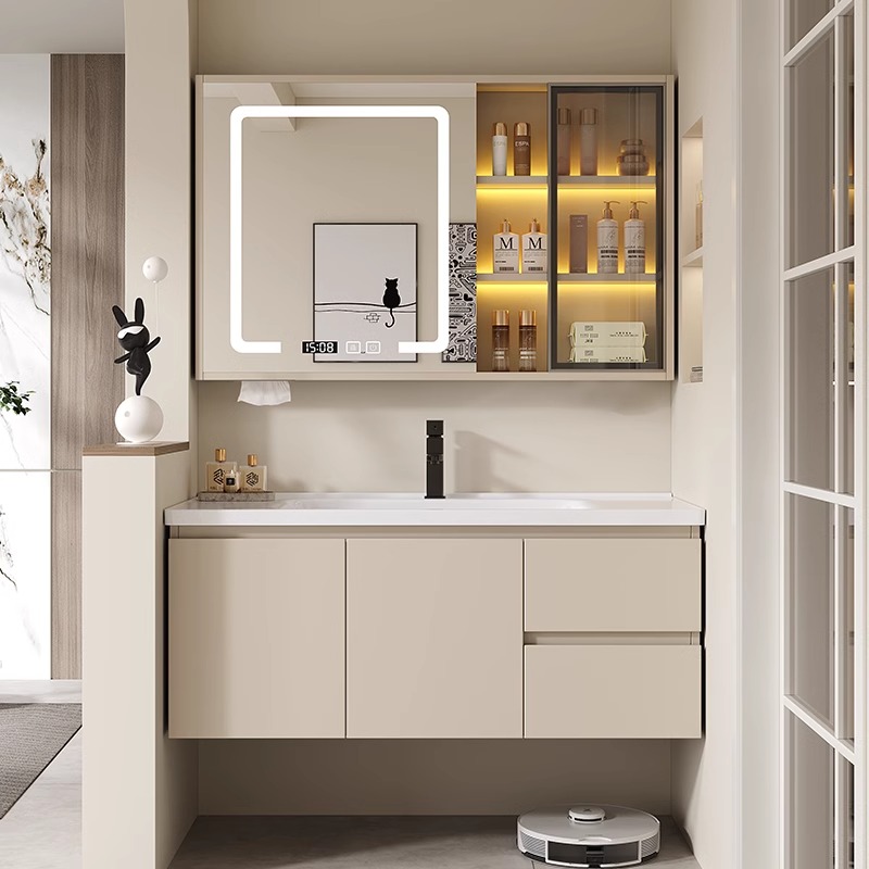 奶油风橡胶木烤漆浴室柜洗手盆柜组合陶瓷一体卫生间洗漱台洗脸盆