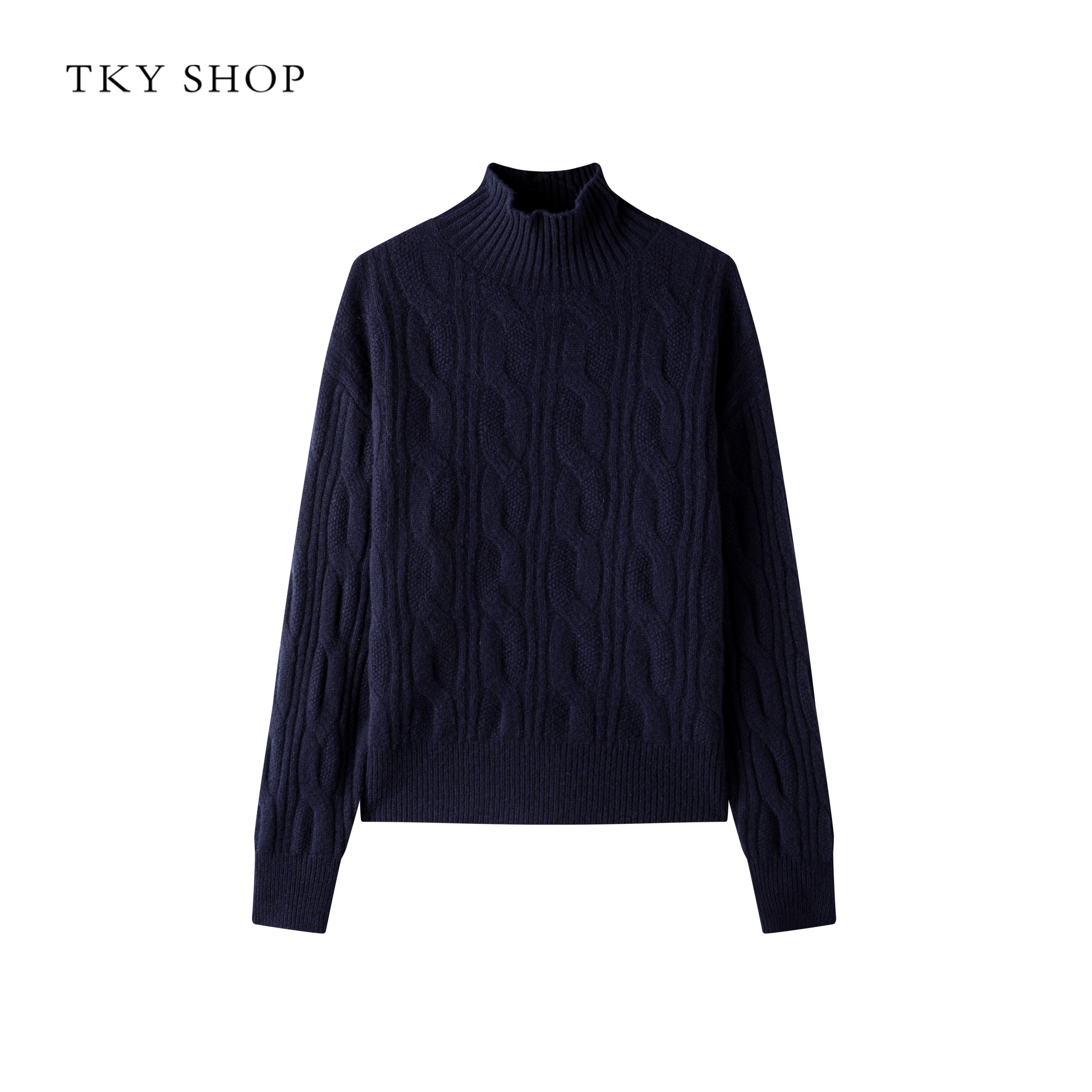 TKYSHOP黛蓝青松弛立领毛针织衫绞花设计感软糯针织 10H1MA00H285