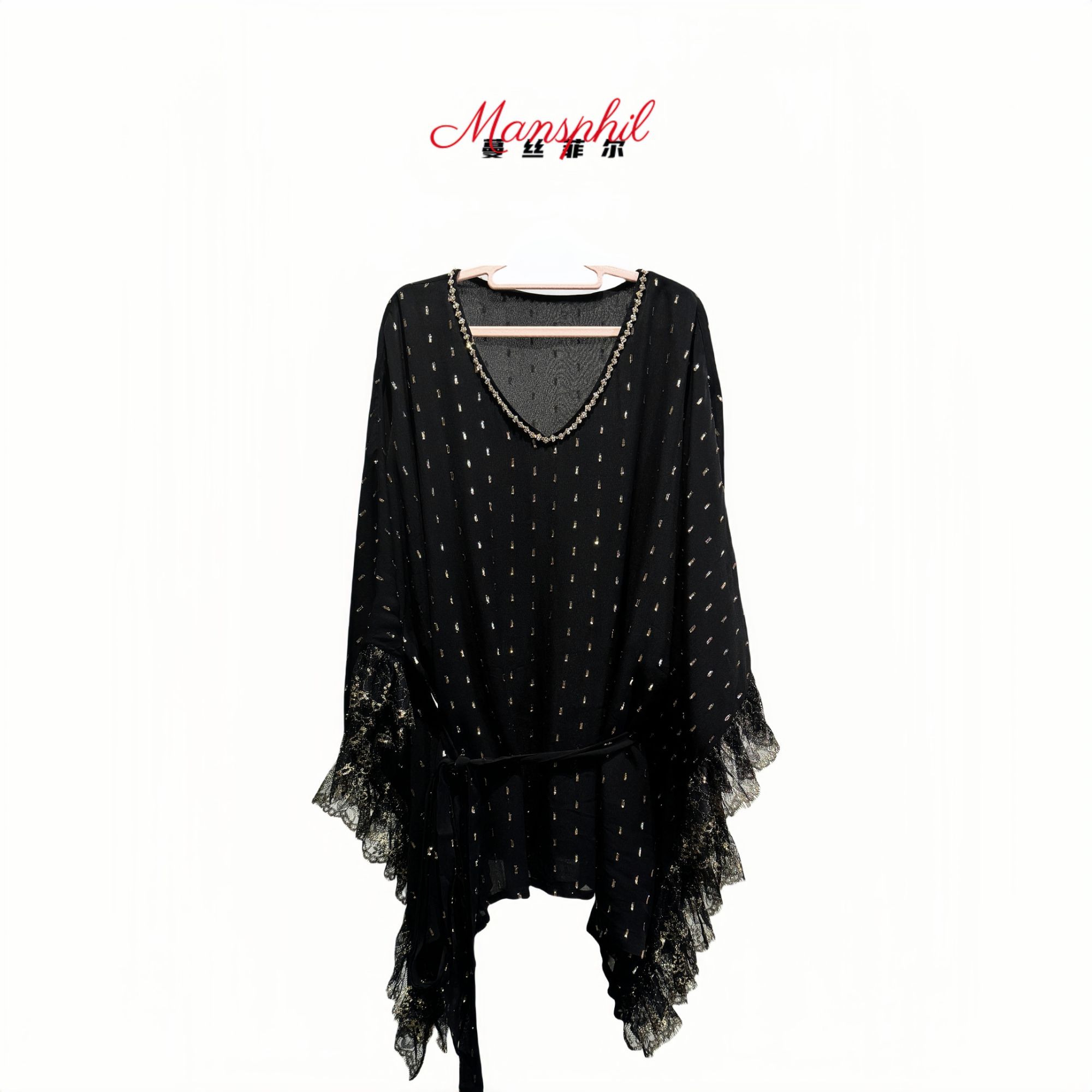 [月华绡梦]V领防晒衬衫重工镶钻蕾丝拼接高奢气质时尚设计师原创