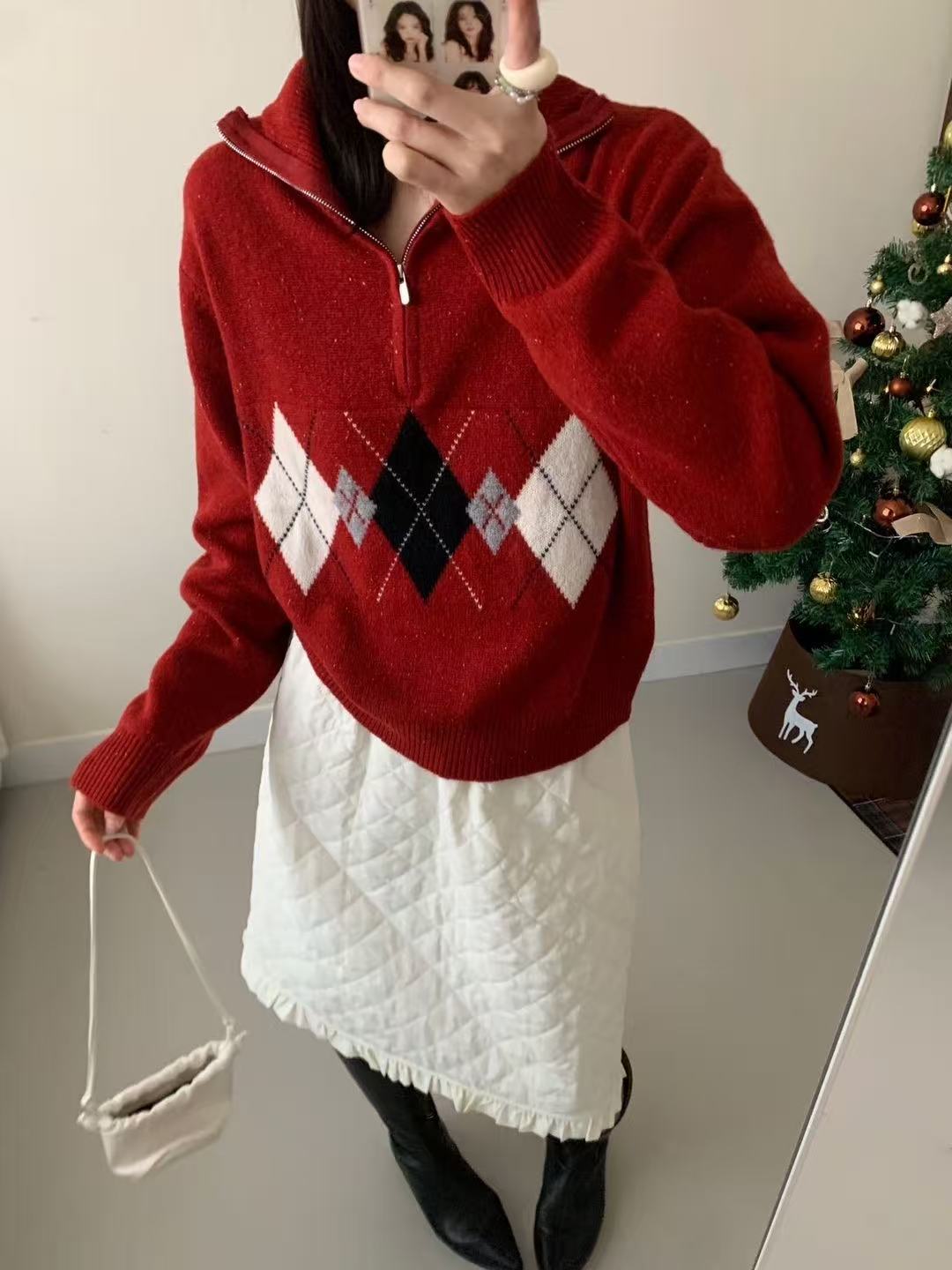 9813-3802 长袖红色条纹半拉链针织拼色菱形格毛衣针织衫开衫