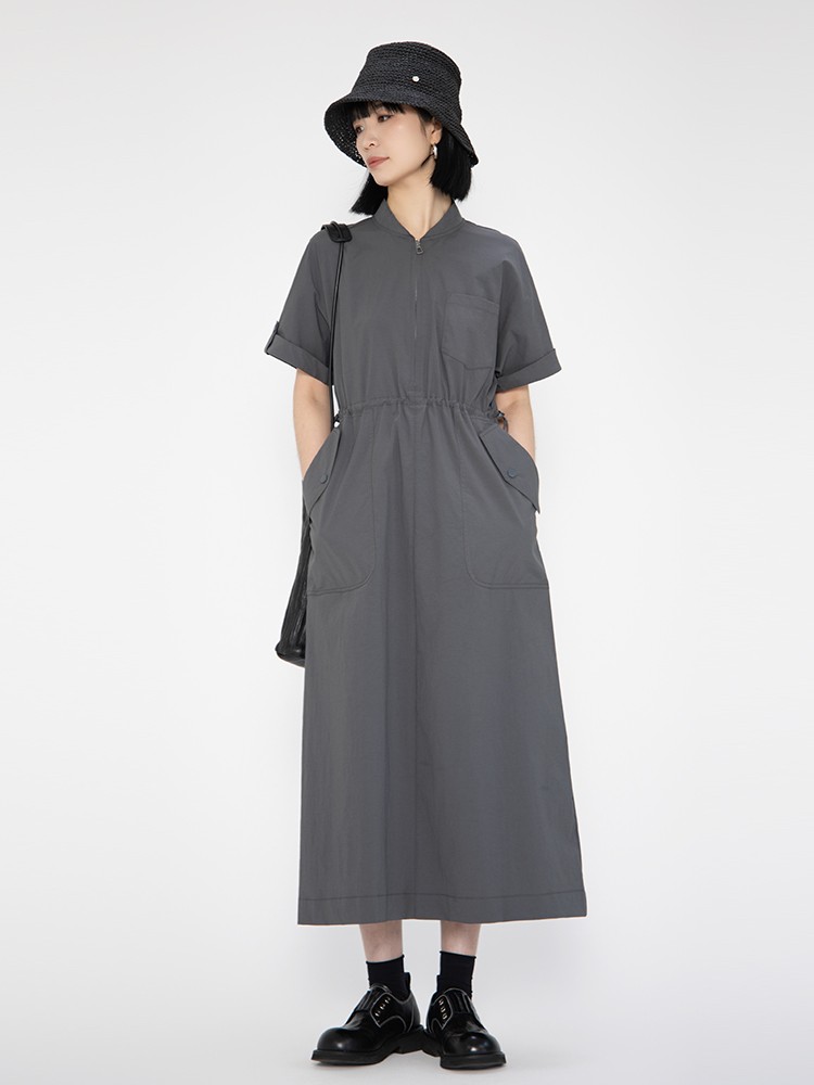 2025年夏季新款立领拉链口袋工装连衣裙女宽松休闲百搭中长款裙子