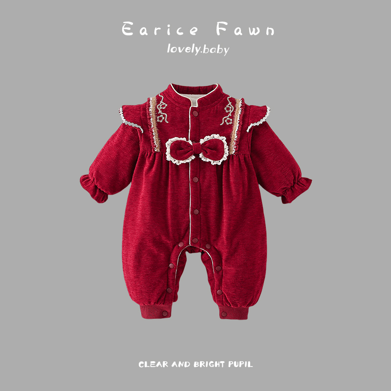 YM婴儿衣服冬季女婴连体衣新生儿女宝宝长袖棉衣秋冬装国风新年爬