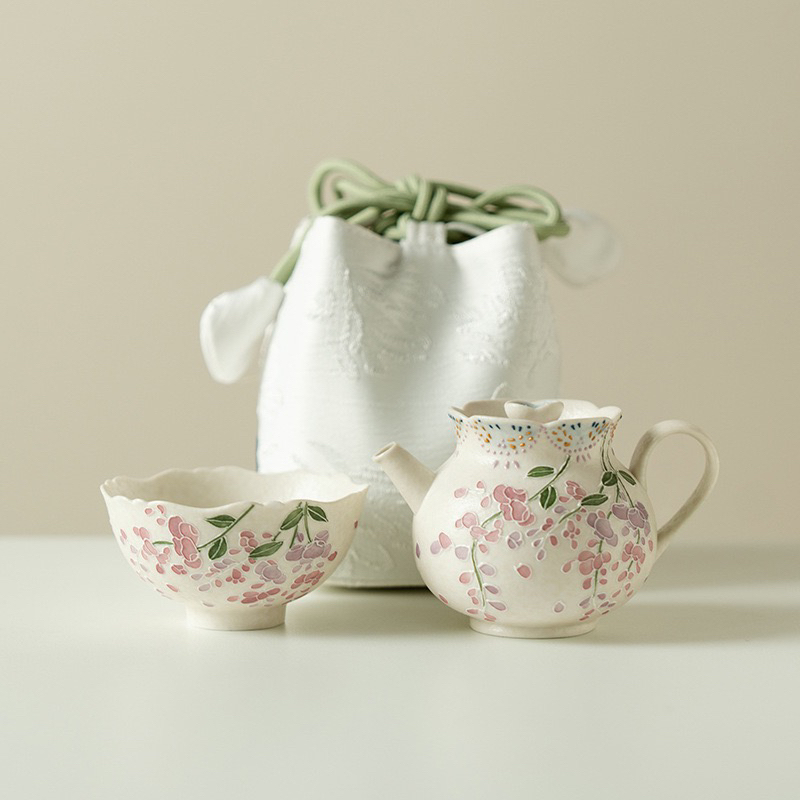 岩矿白堆雕纯手绘紫藤花陶瓷花瓣壶茶杯旅行三件套装户外便携茶具