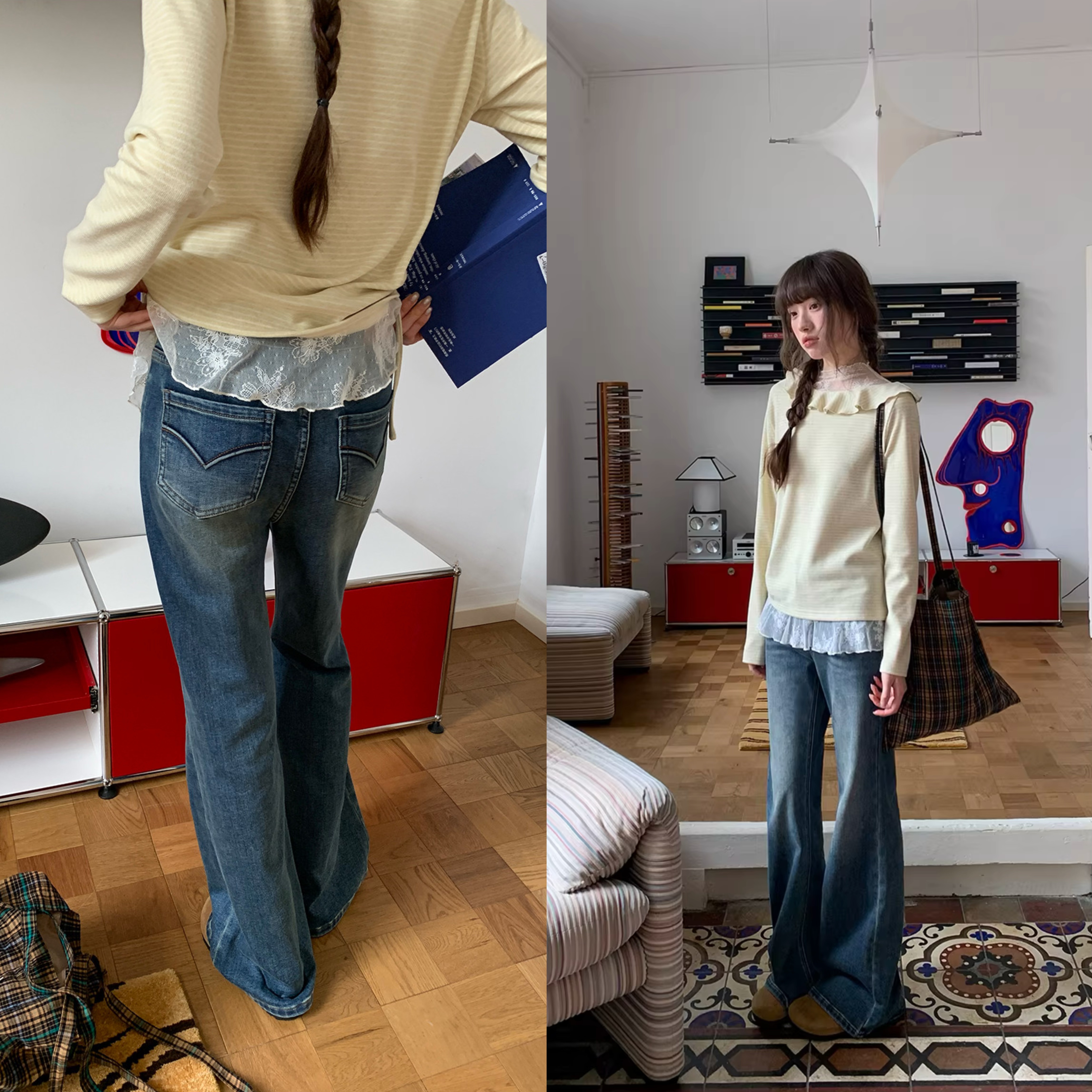 你好卡农 复古喇叭底面抓毛牛仔裤女简约直筒休闲长裤KN25Z9081D