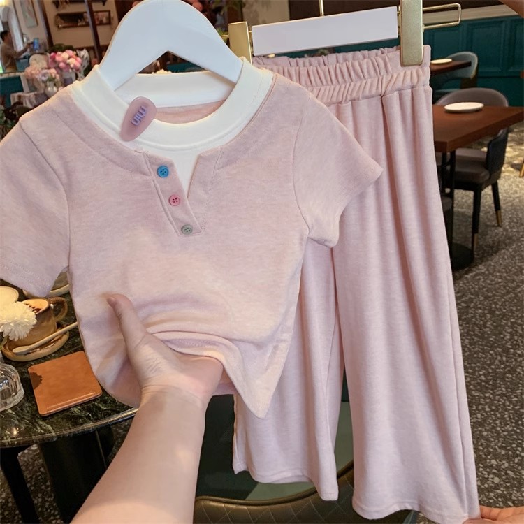 【现货】米米哈罗女童夏日休闲甜美假两件短袖T恤套装两件套X25321