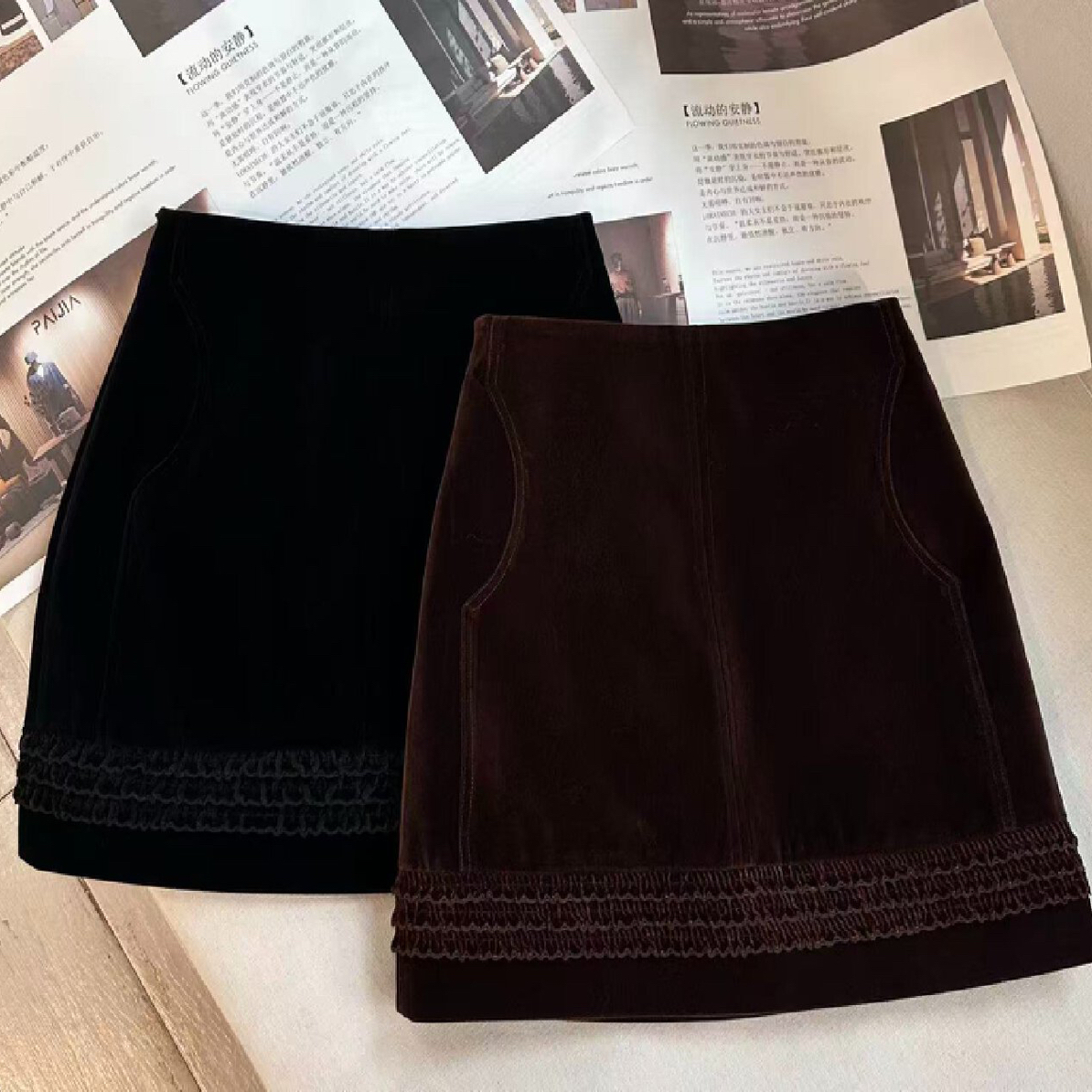 深圳南油Pai金丝绒木耳边拼接短裙女