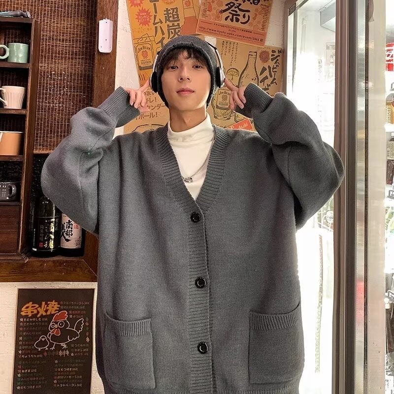 V领开衫毛衣男秋冬季新款日系复古慵懒风针织衫宽松外穿百搭外套