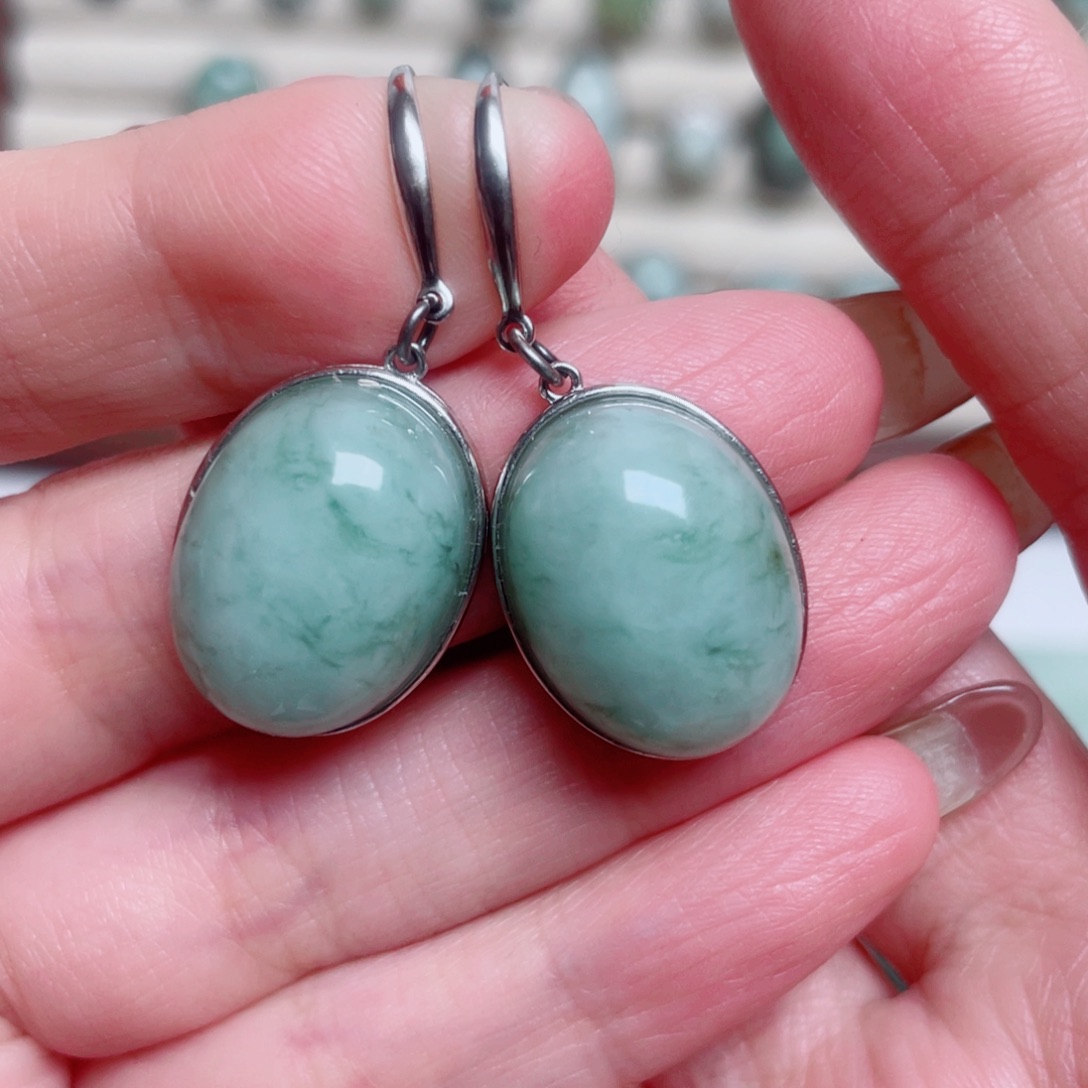 透闪石-蛇纹石玉银S925镶嵌耳环
