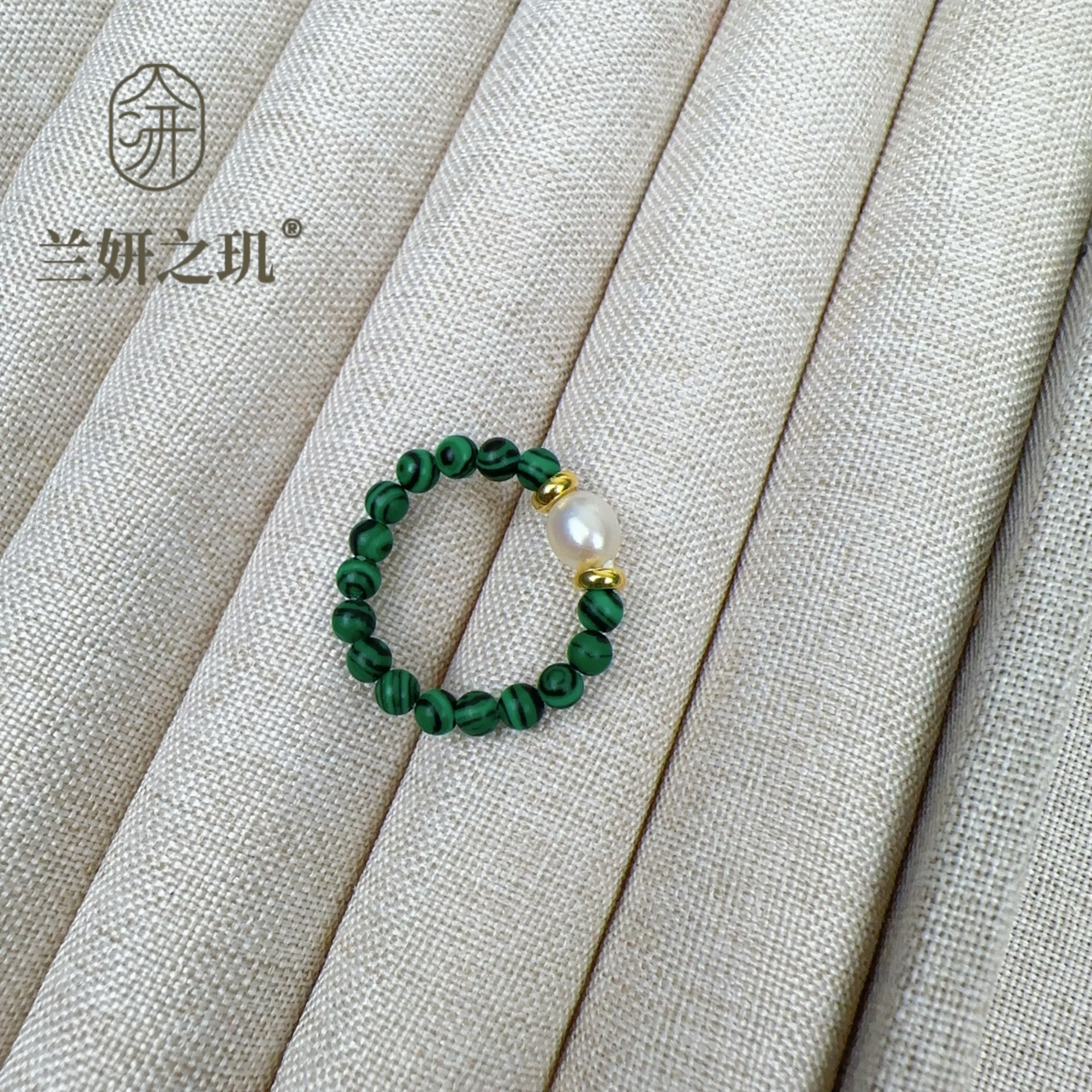 淡水珍珠 3mm孔雀石珍珠弹力戒指 时尚百搭天然石弹力指环 8977