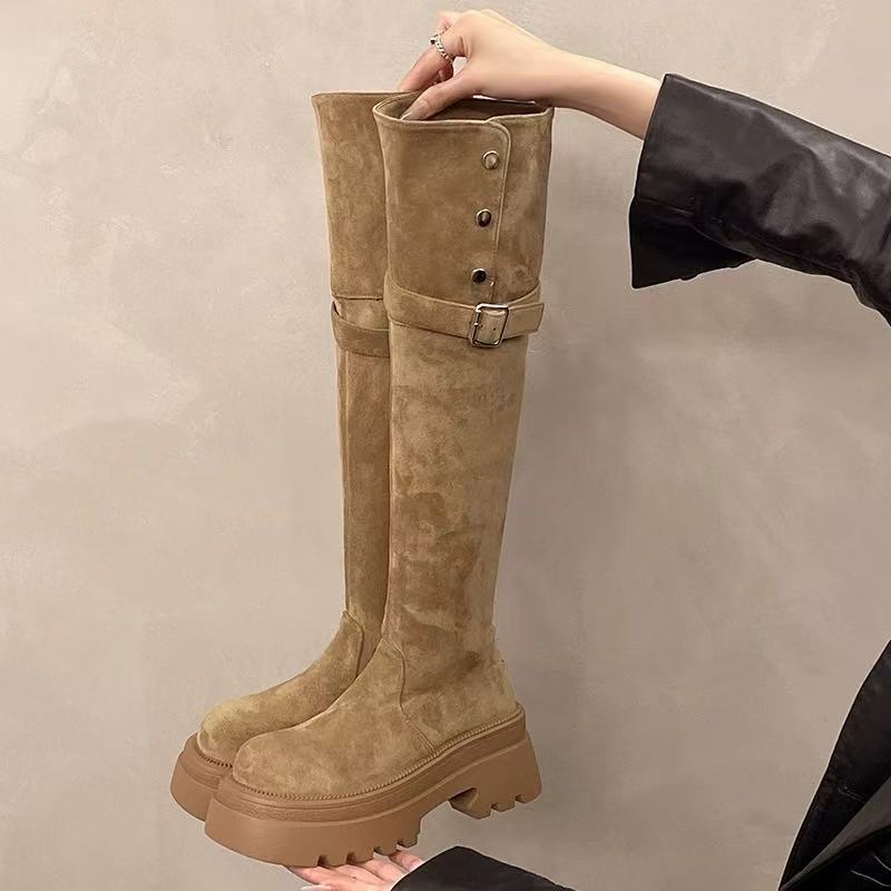 防滑厚底弹力过膝长筒靴增高百搭圆头设计秋冬季 显瘦加绒时尚款