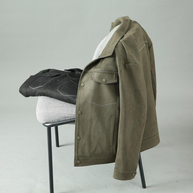 2025春季男士轻奢复古条纹翻领夹克纯色简约工装风休闲外套潮8975