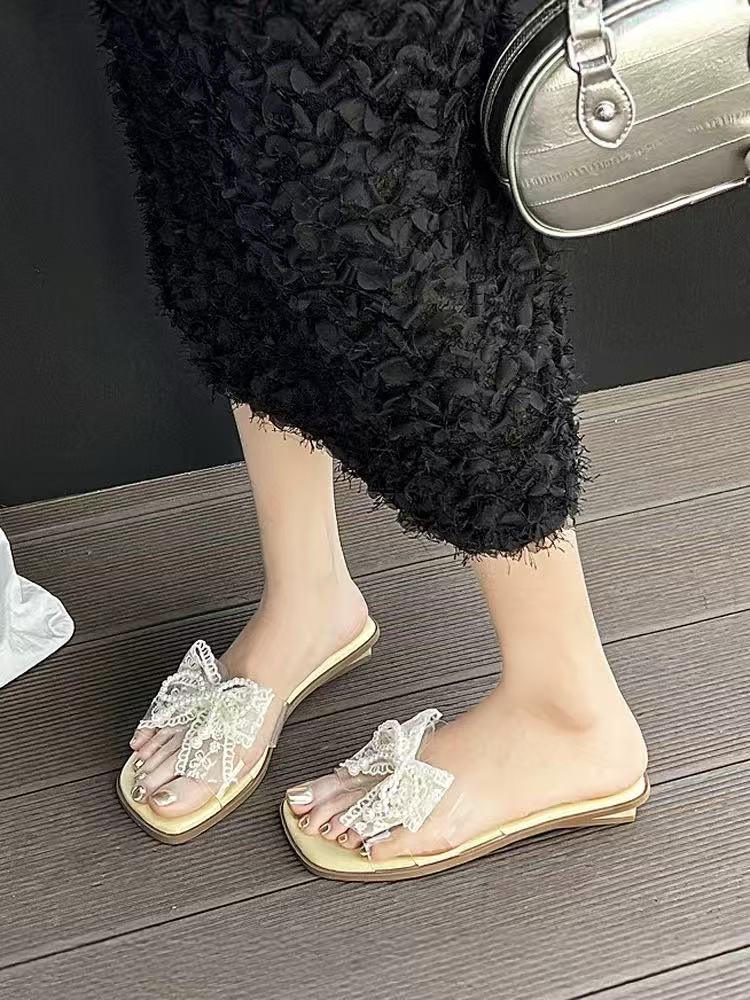 2721-1新款绝美仙女风蕾丝蝴蝶结一字拖女平底外穿配裙子凉拖鞋