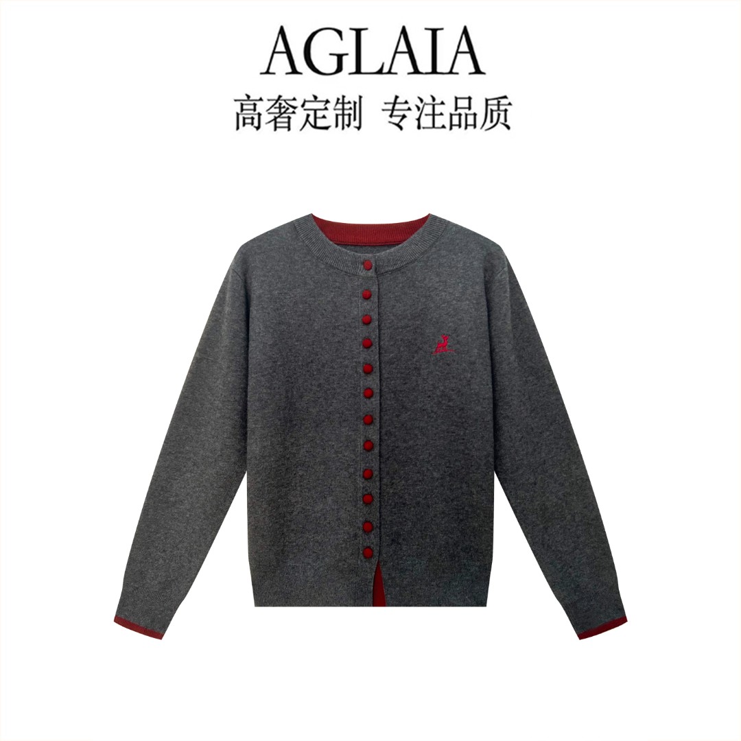 AGLAIA~秋冬新款加厚小鹿刺绣针织衫圆领气质拼色穿搭毛衣女6613