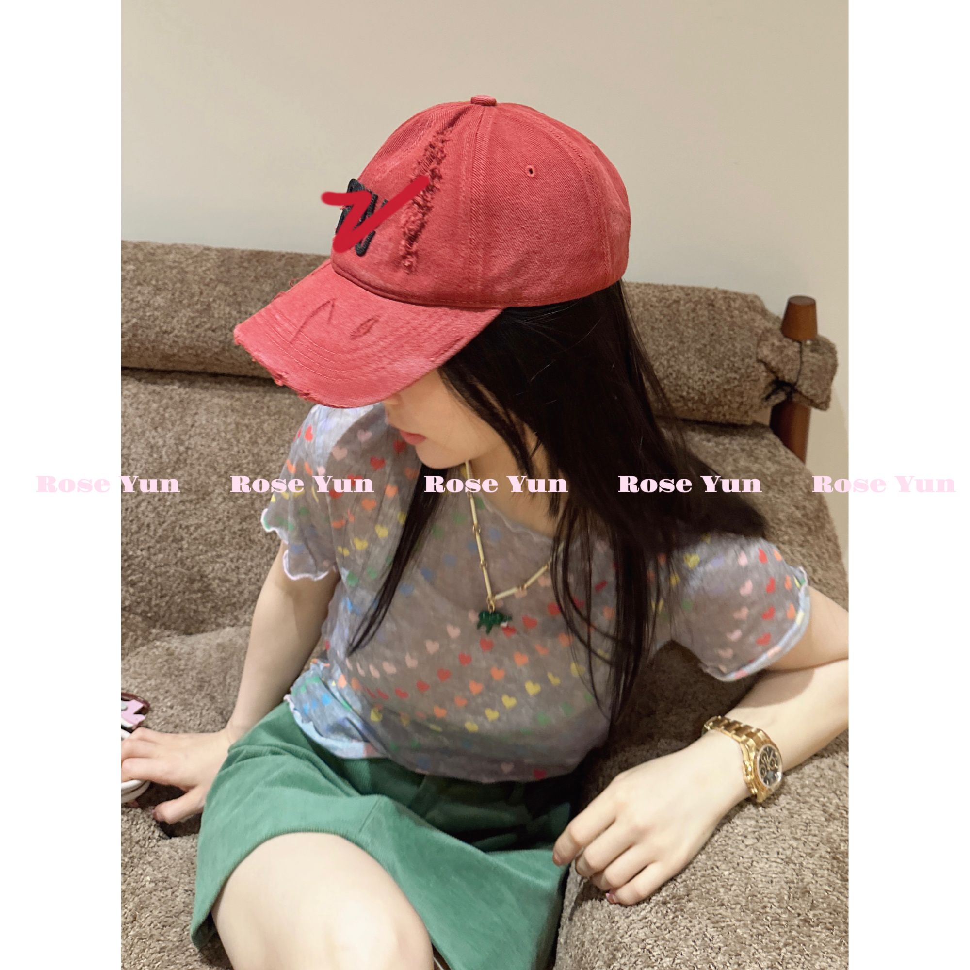 【Rose Yun】彩虹桃心 木耳花边印花网纱上衣 JY035009