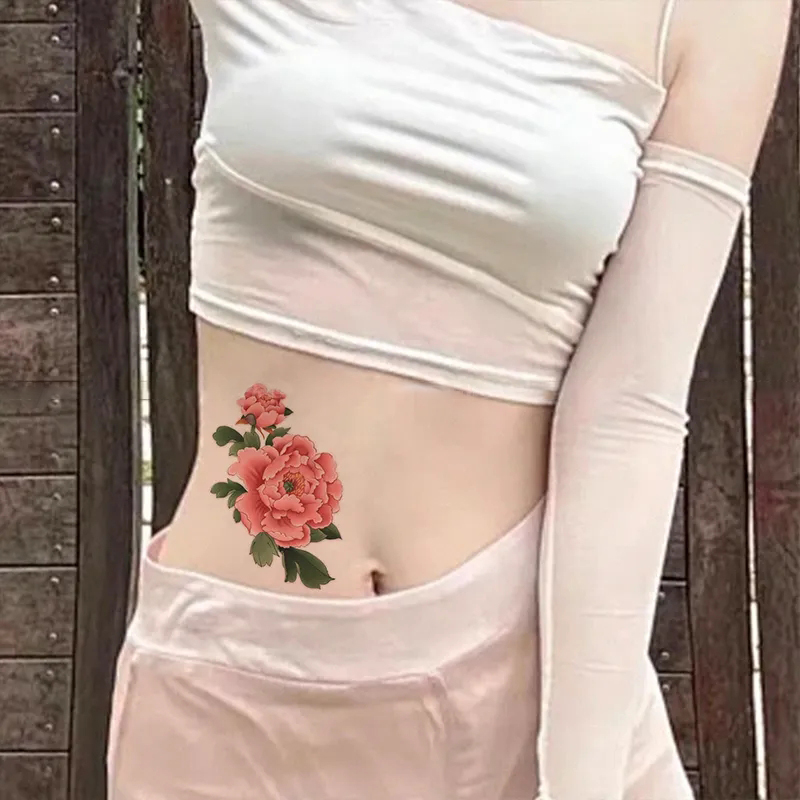 爆款牡丹花彩色纹身ins高颜值防水持久性感辣妹手臂腰部仿真遮疤