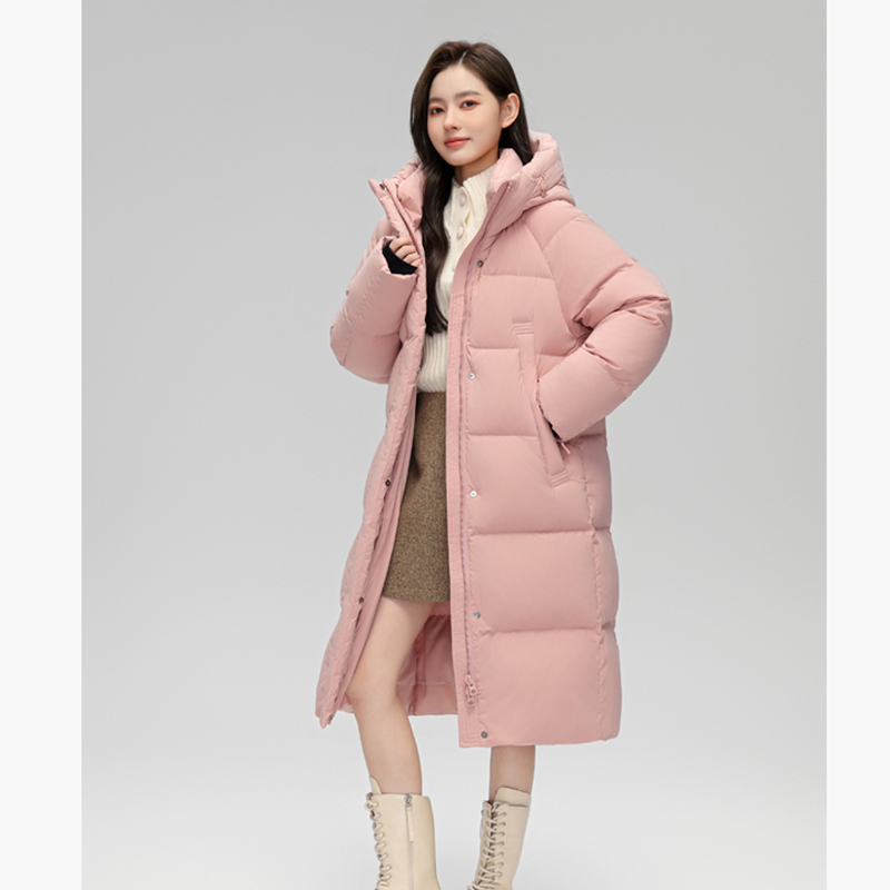 拉夏贝尔羽绒服长款长袖女宽松型韩系过膝时尚加厚外套女0443