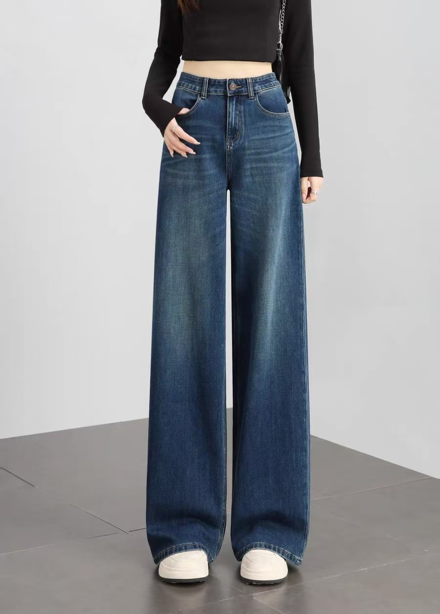 【笑】复古蓝阔腿牛仔裤女2025新款美式显瘦百搭宽松直筒长裤