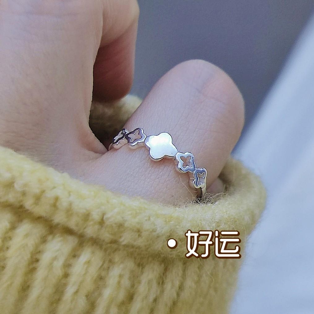 足银戒指 足银999幸运草戒指花朵镂空个性简约小众设计ins气质 
