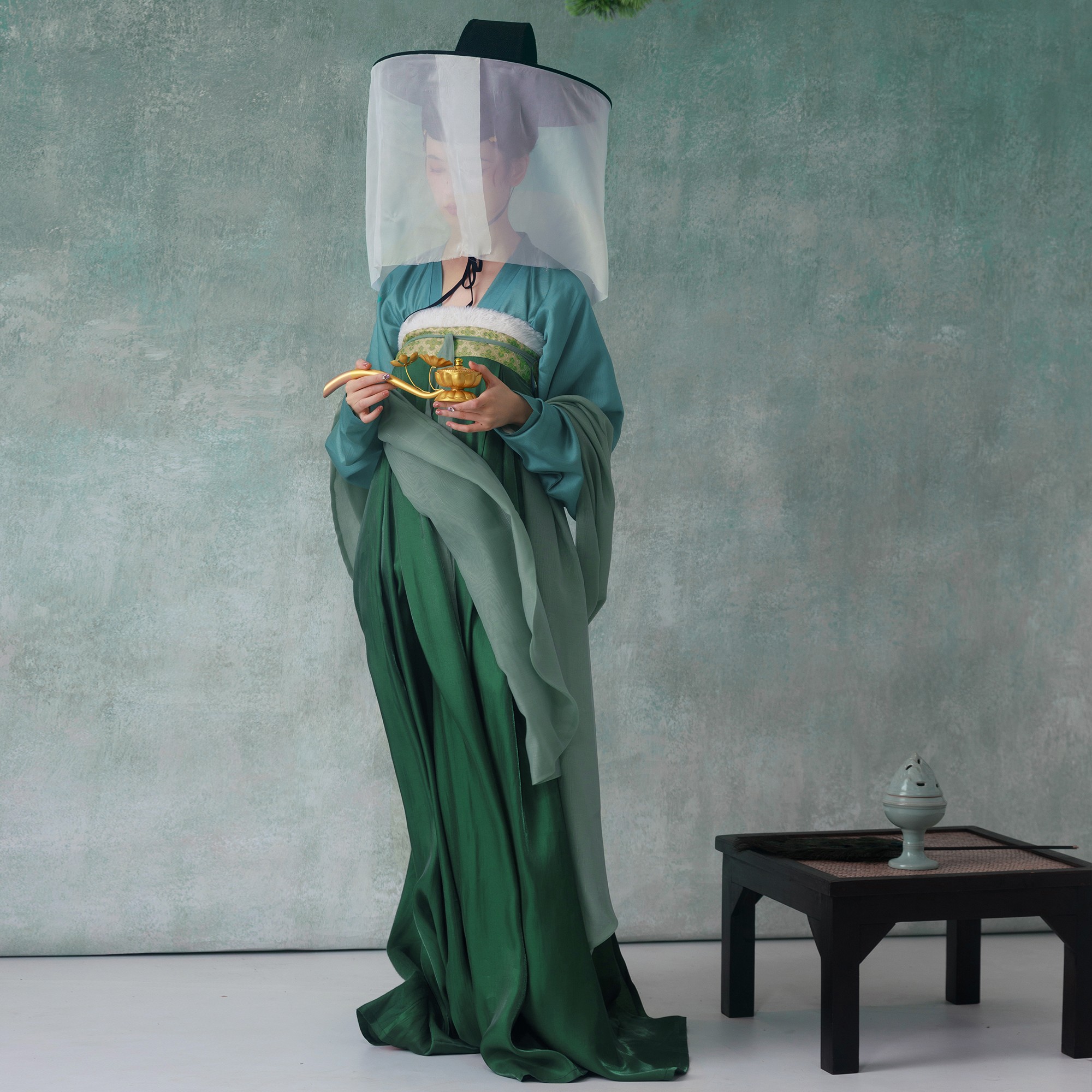 【上遥居】1青黛远 唐原创汉服女冬绿色裥裙青窄袖对襟仿宋锦对襟